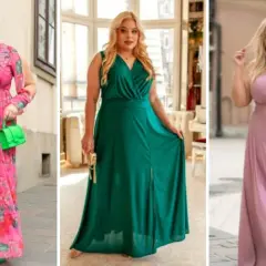 Eleganckie sukienki na wesele duży rozmiar: kwiecista, zielona błyszcząca i pudrowy róż. Modelka prezentuje trzy różne kreacje.