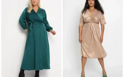 Eleganckie sukienki na święta plus size: szmaragdowa satynowa z plisowanym dołem i złota błyszcząca z drapowanym dekoltem.