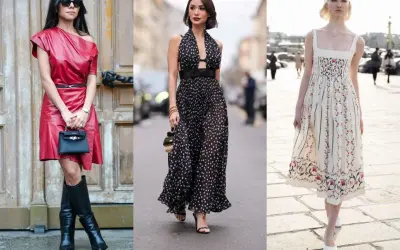 Eleganckie sukienki na wesele dla starszych pań: czerwona skórzana, czarna w grochy i kremowa w kwiaty.