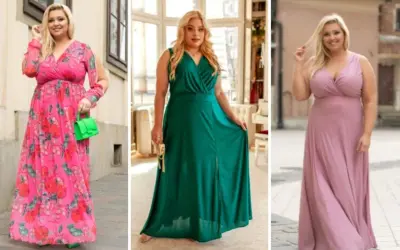 Eleganckie sukienki na wesele duży rozmiar: kwiecista, zielona błyszcząca i pudrowy róż. Modelka prezentuje trzy różne kreacje.