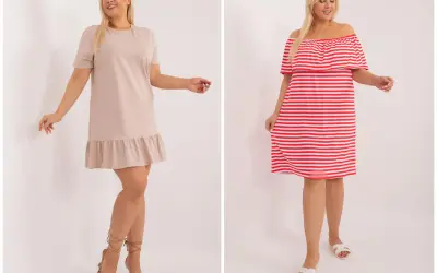 Dwie modelki prezentują sukienki plus size na co dzień: beżową z falbanką i czerwoną w paski.