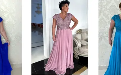 Eleganckie suknie na wesele dla puszystych: kobaltowa i pudrowa. Modelka prezentuje kreacje podkreślające figurę.
