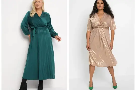 Eleganckie sukienki na święta plus size: szmaragdowa satynowa z plisowanym dołem i złota błyszcząca z drapowanym dekoltem.