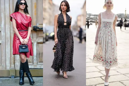 Eleganckie sukienki na wesele dla starszych pań: czerwona skórzana, czarna w grochy i kremowa w kwiaty.