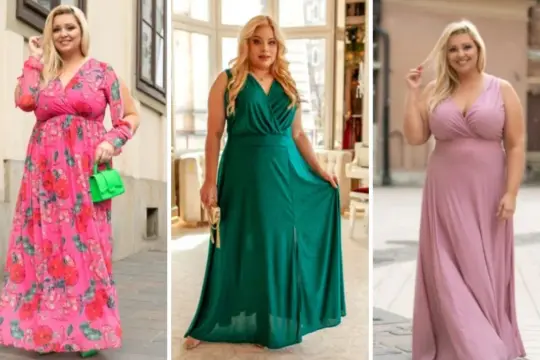 Eleganckie sukienki na wesele duży rozmiar: kwiecista, zielona błyszcząca i pudrowy róż. Modelka prezentuje trzy różne kreacje.