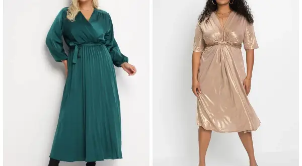 Eleganckie sukienki na święta plus size: szmaragdowa satynowa z plisowanym dołem i złota błyszcząca z drapowanym dekoltem.
