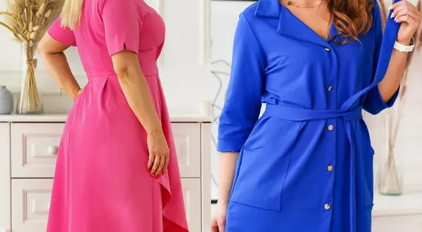Dwie kobiety prezentują stylowe sukienki plus size: jedna w intensywnym różu, druga w kobaltowym błękicie.