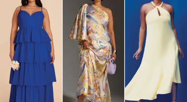 Trzy kobiety w sukienkach plus size: niebieska falbaniasta, wielokolorowa asymetryczna i żółta z wycięciem.