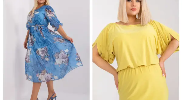 Eleganckie sukienki na wesele dla mamy plus size: błękitna w kwiaty i żółta z rozcięciami na rękawach.