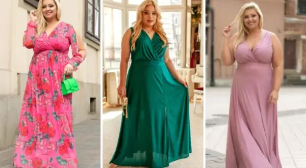 Eleganckie sukienki na wesele duży rozmiar: kwiecista, zielona błyszcząca i pudrowy róż. Modelka prezentuje trzy różne kreacje.