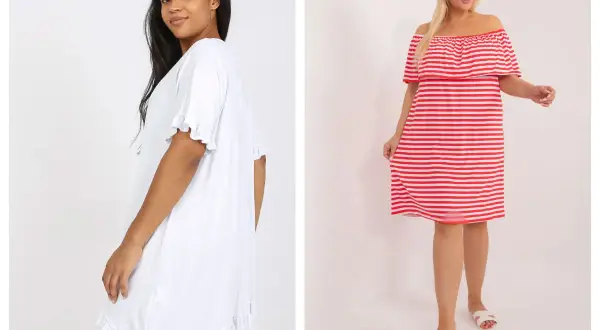 Dwie modelki prezentują stylowe sukienki letnie plus size tanio. Jedna w białej, druga w czerwono-białe paski.
