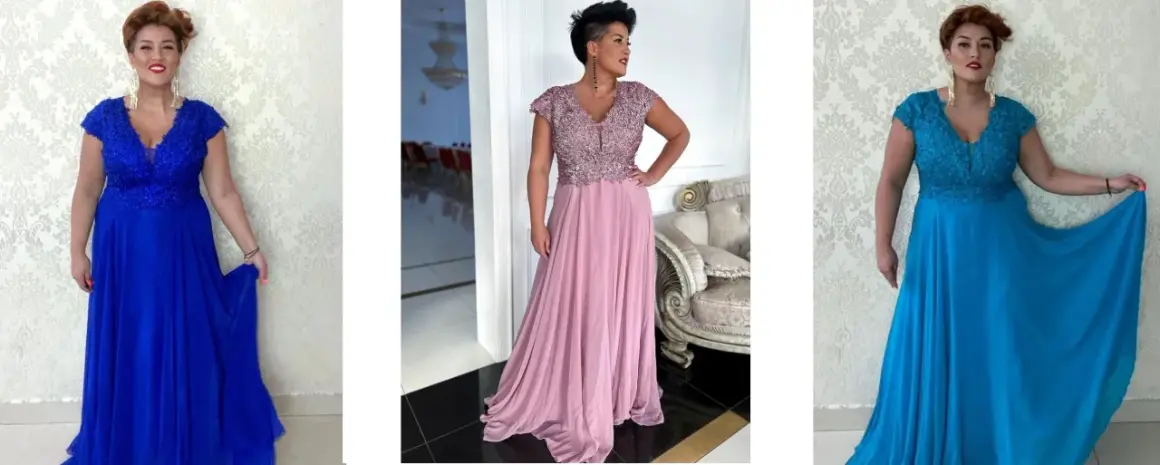 Eleganckie suknie na wesele dla puszystych: kobaltowa i pudrowa. Modelka prezentuje kreacje podkreślające figurę.