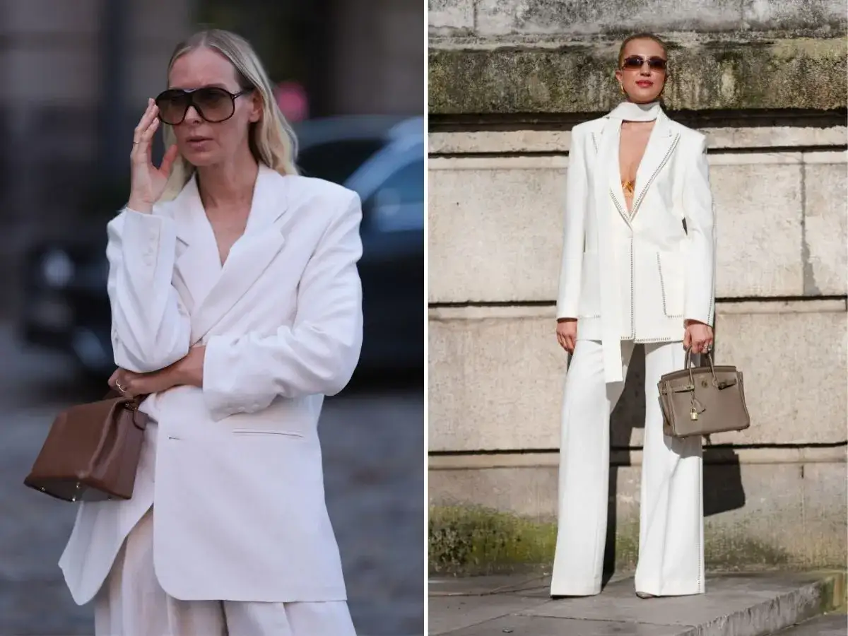 Elegancki biały garnitur damski plus size z szerokimi nogawkami i marynarką oversize. Dwie kobiety prezentują stylowe outfity.